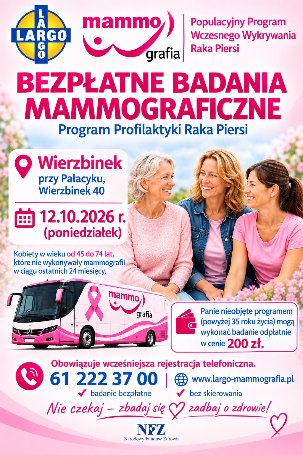 Plakat informacyjny: Bezpłatne badania mammograficzne w Wierzbinku, 12.10.2026 r. Szczegóły dotyczące rejestracji i kryteriów wieku znajdują się w opisie poniżej.