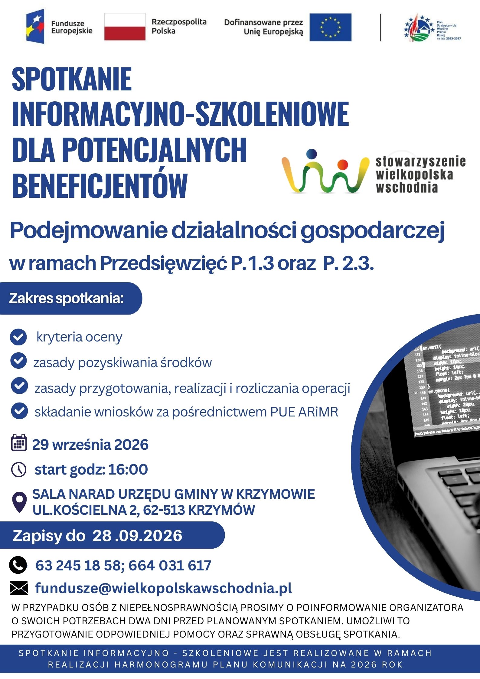 Plakat informujący o spotkaniu dotyczącym podejmowania działalności gospodarczej w ramach przedsięwzięć P.1.3 i P.2.3. Spotkanie odbędzie się 29 września 2026 r. o godz. 16:00 w Urzędzie Gminy w Krzymowie.