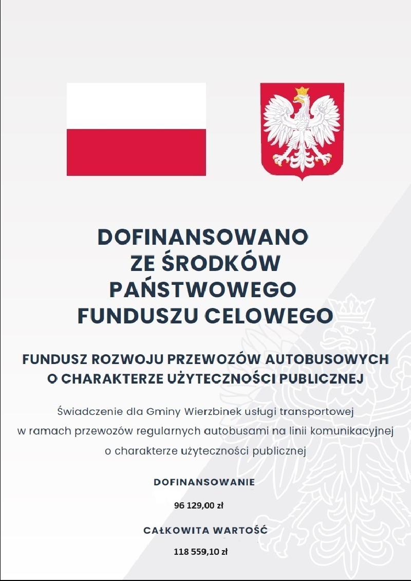Flaga i godło polski u góry poniżej podpis Dofinansowano ze środków Państwowego Funduszu celowego i kwoty dofinansowania